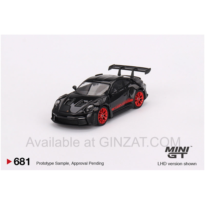 Porsche 911 (992) GT3 RS Black with Pyro Red, Mini GT No. 681 diecast model car