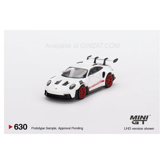 Porsche 911 (992) GT3 White with Pyro Red Accent Package, Mini GT No. 630 diecast model car