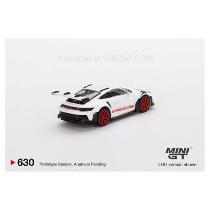 Porsche 911 (992) GT3 White with Pyro Red Accent Package, Mini GT No. 630 diecast model car