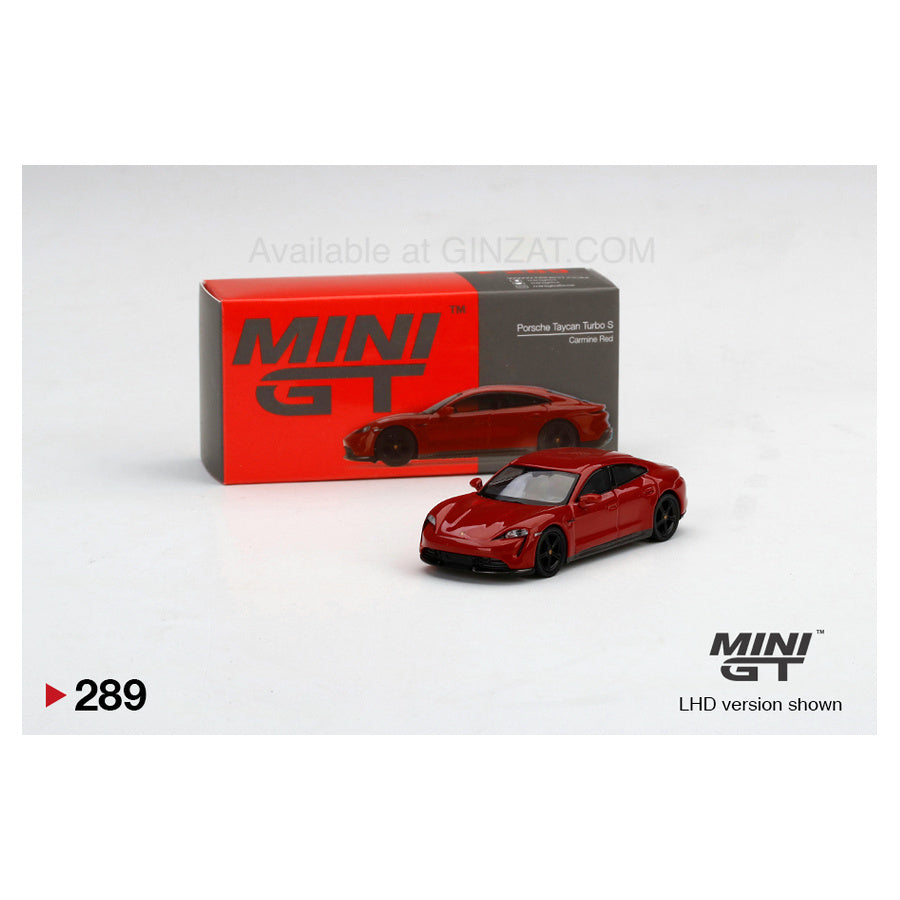 Porsche Taycan Turbo S Camine Red RHD, Mini GT No. 289 diecast model car