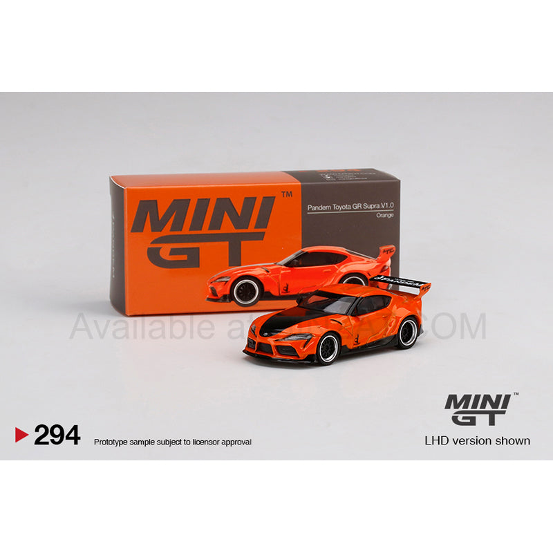 Pandam Toyota GR Supra V1.0 Orange LHD, Mini GT No. 294 diecast model car