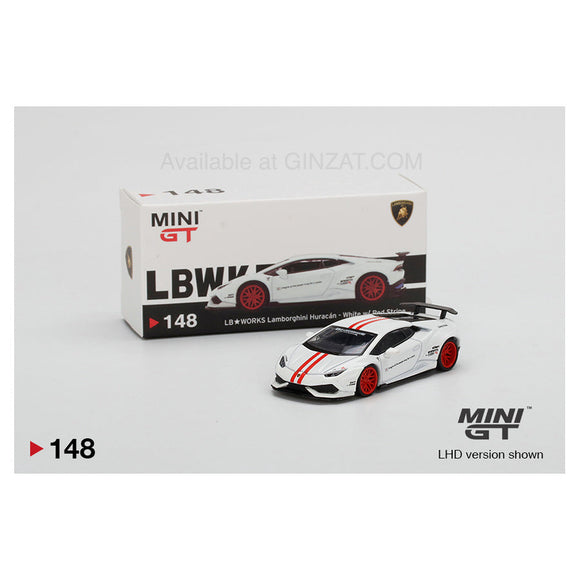 LB Works Lamborghini Huracan Version 1 White / Red Stripe, Mini GT No. 148 diecast model car