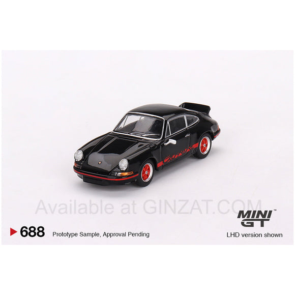 Porsche 911 Carrera RS 2.7 Black with Red Livery, Mini GT No. 688 diecast model car