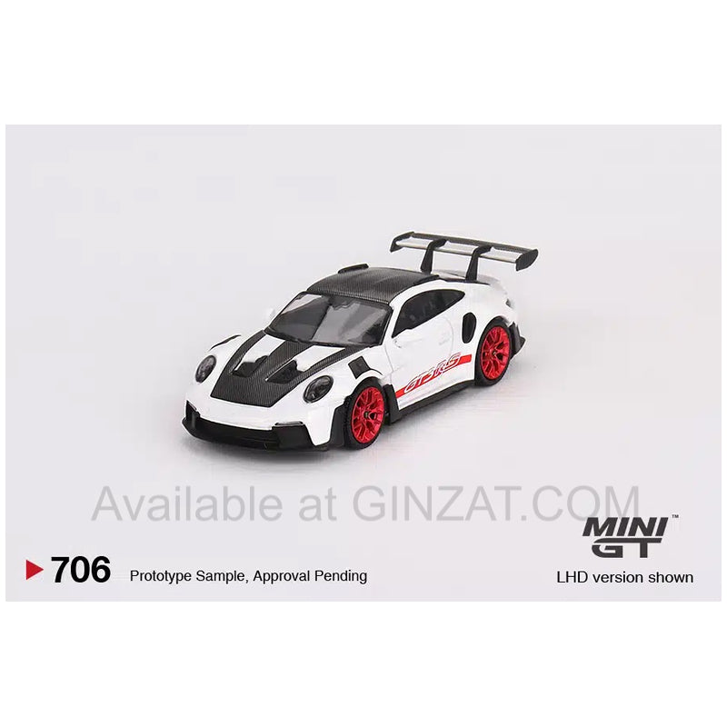 Porsche 911 (992) GT3 RS Weissach Package White with Pyro Red, Mini GT No. 706 diecast model car