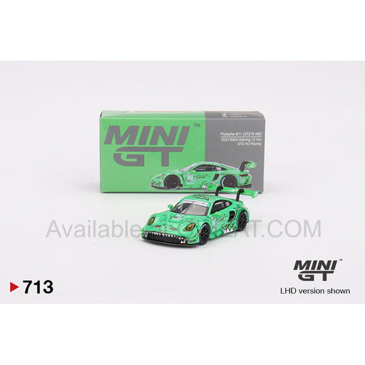 Porsche 911 GT3 R #80 GTD AO Racing 2023 IMSA Sebring 12 Hrs, MINI GT No.713 diecast model car