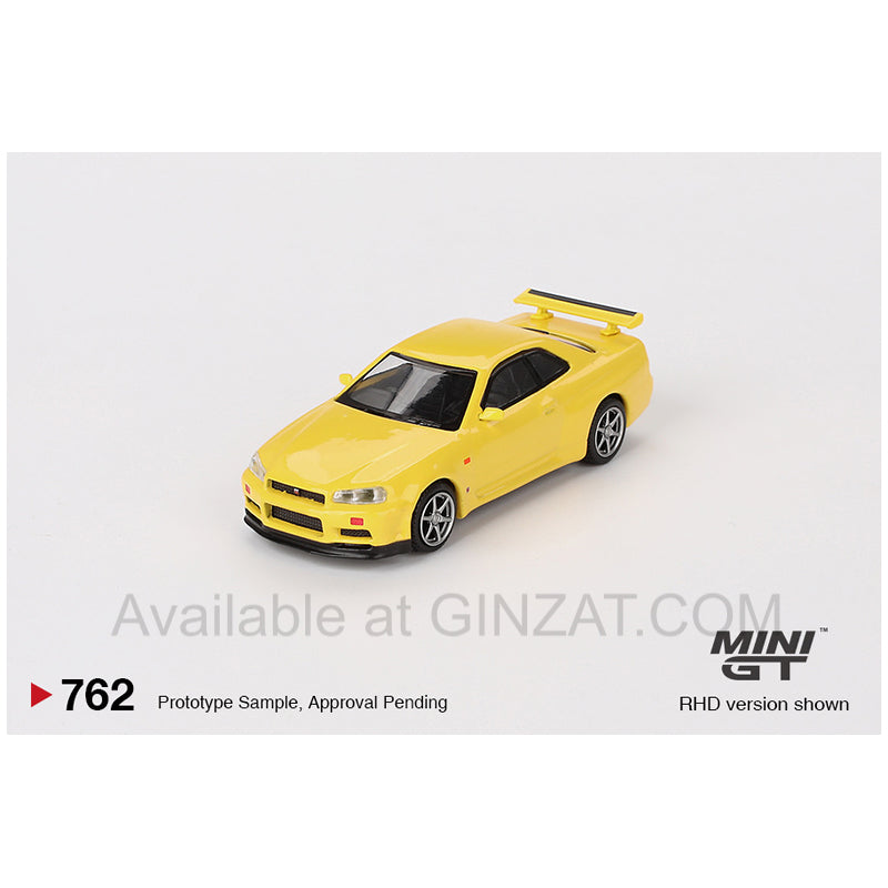 Nissan Skyline GT-R (R34) V-Spec Lightning Yellow, MINI GT No.762 diecast model car