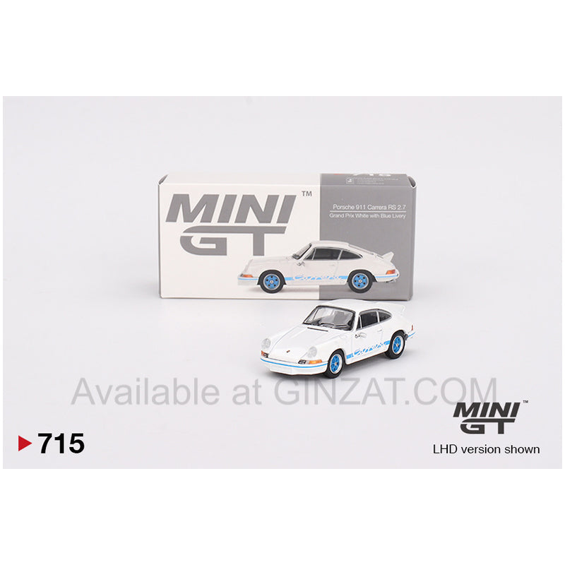 Porsche 911 Carrera RS 2.7 Grand Prix White with Blue Livery, Mini GT No. 715 diecast model car