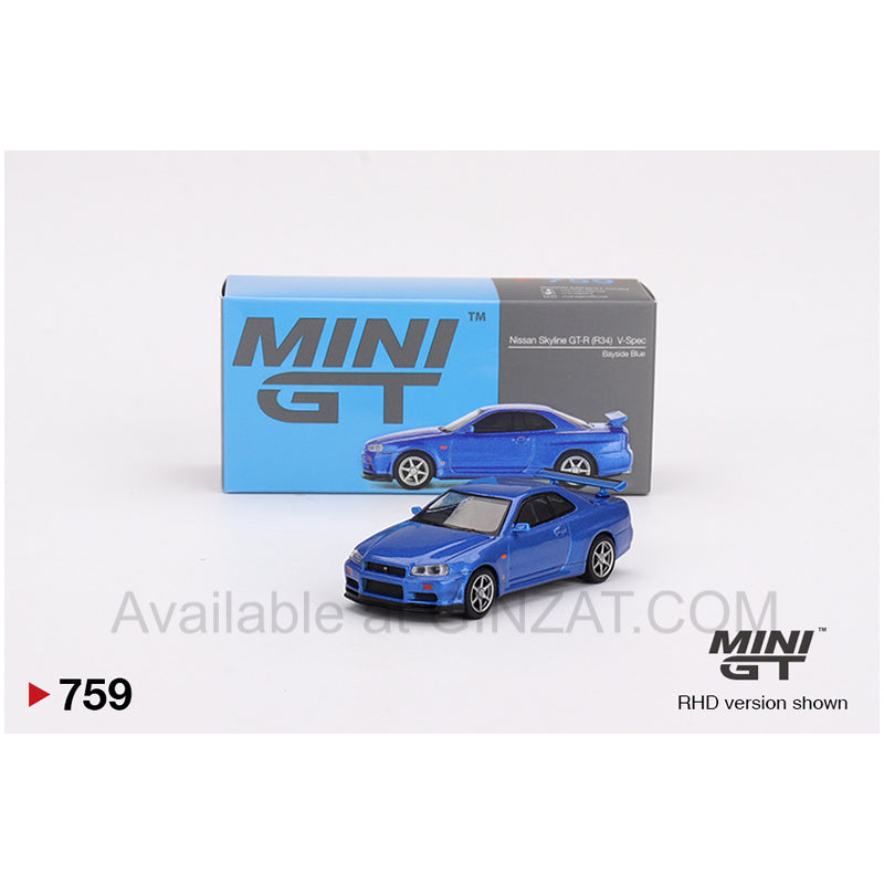 Nissan Skyline GT-R (R34) V-Spec Bayside Blue, MINI GT No.759 diecast model car