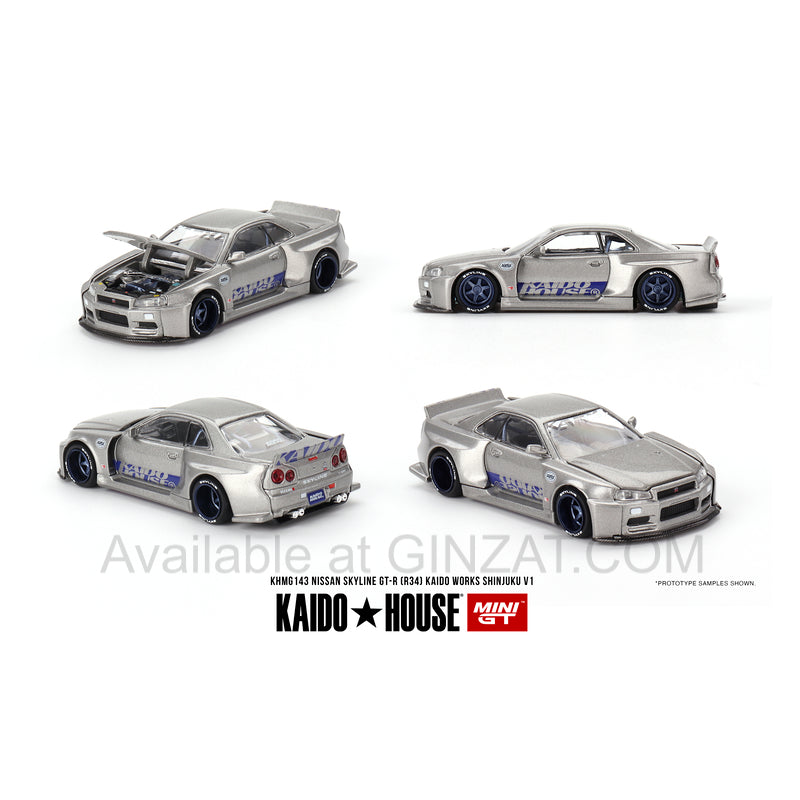 Nissan Skyline GT-R R34 Kaido Works SHINJUKU V1 (RHD) (Diecast Car), MINI GT x Kaido House No. 143 diecast model