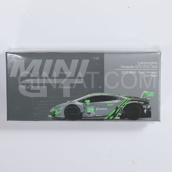 Lamborghini Huracan GT3 EVO IMSA Road America 2022 2nd Place #39 LHD, MINI GT No.499 diecast model car