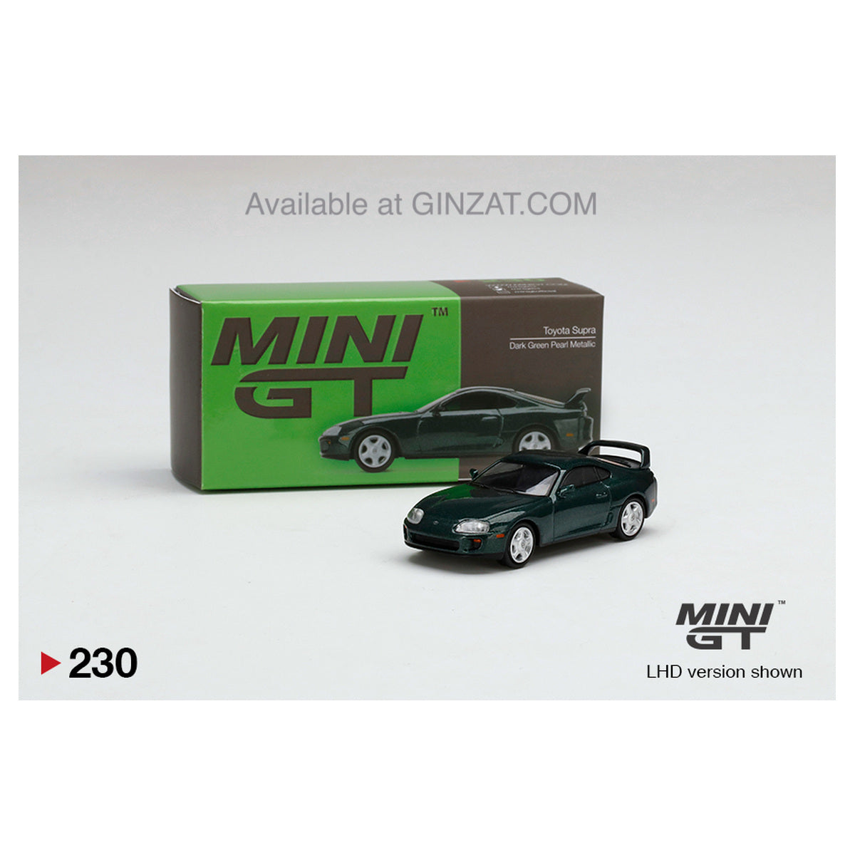 Toyota Supra Super Dark Green Pearl Metallic LHD, MINI GT No.230 diecast model car