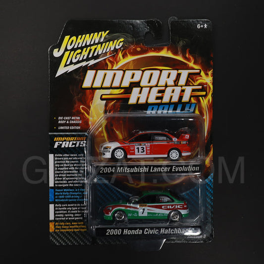 Mitsubishi Lancer Evolution 2004 & Honda Civic Hatchback 2000, Johnny Lightning Import Heat Rally diecast model car set