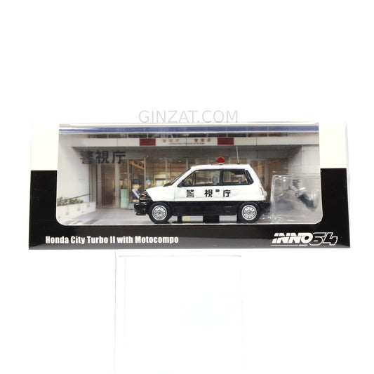 Honda City Turbo II with Motocompo, Japanese Police Car Livery, INNO64 diecast model car