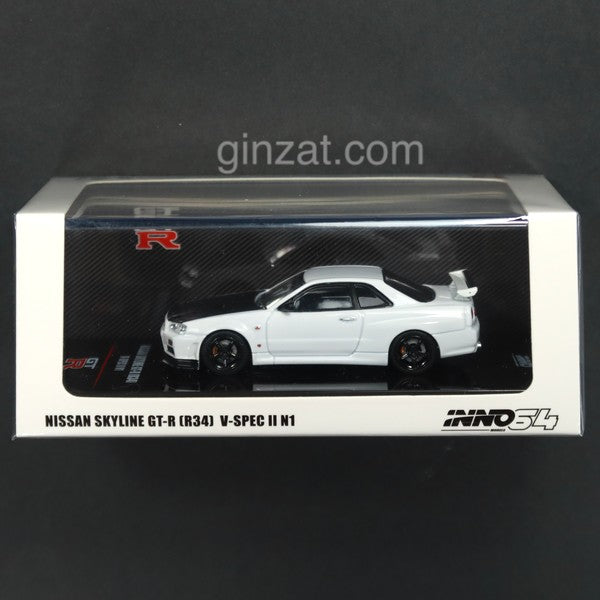 NISSAN SKYLINE GT-R R34 V-Spec II N1 White with Carbon Hood, INNO64 diecast model car