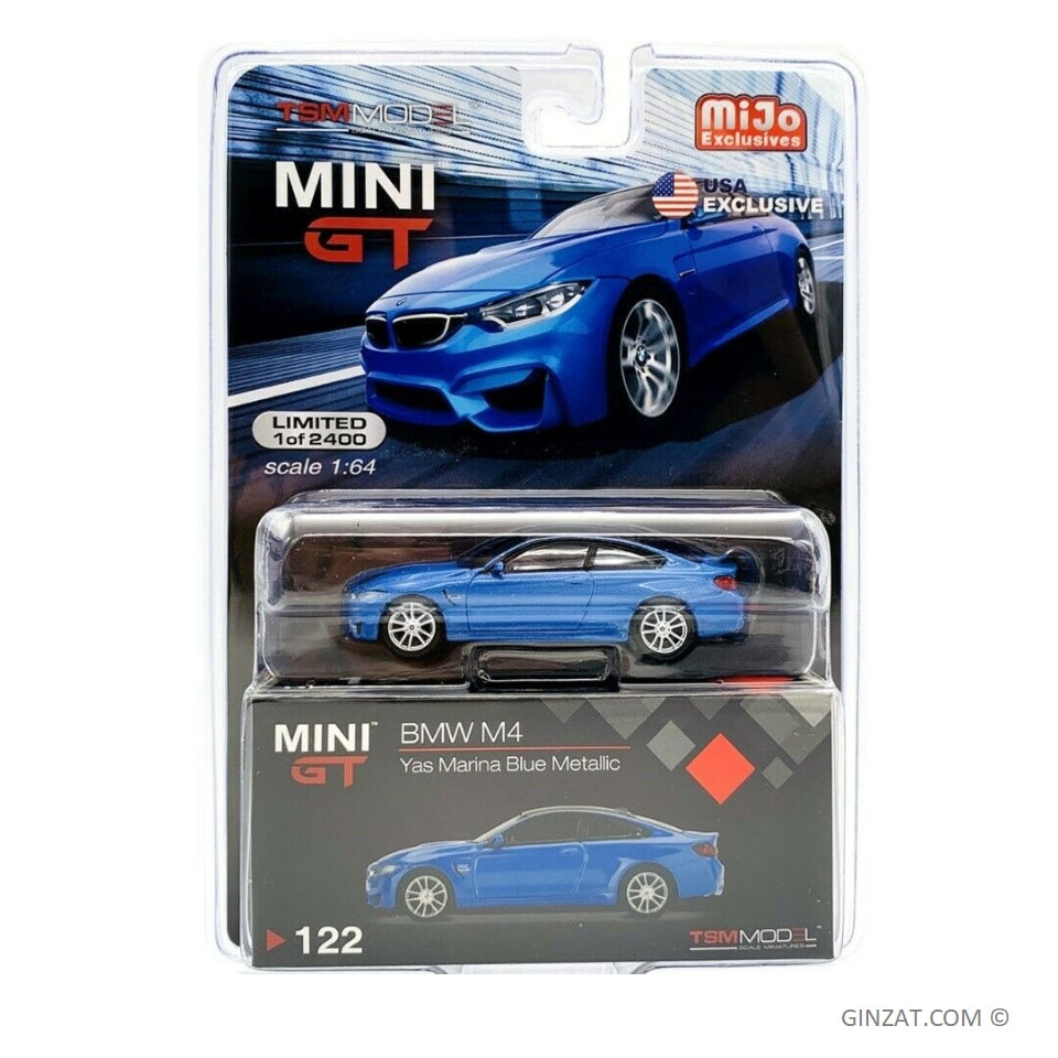 BMW M4 Yas Marina Blue Metallic, MINI GT diecast model 1/64 (Blister Pack Version)