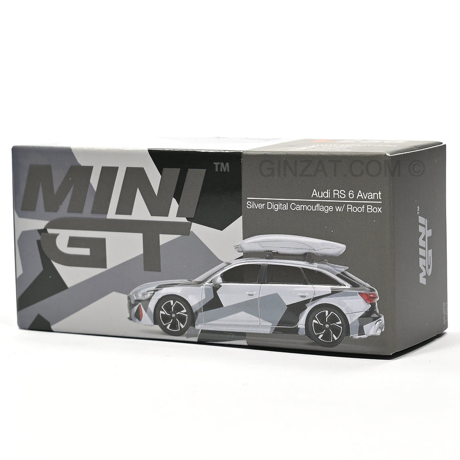 AUDI RS 6 Avant Silver Digital Comouflage w/ Roof Box, MINI GT 256 1/64 Ginzat Australia